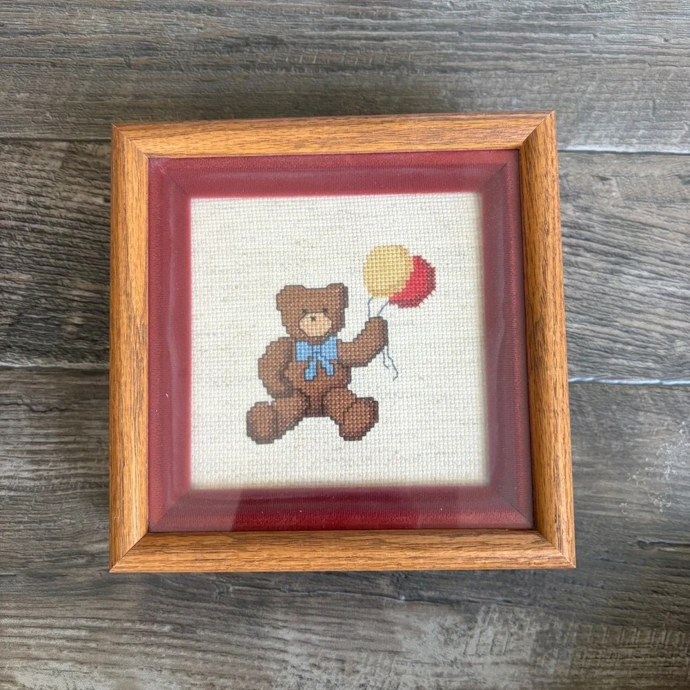 Vintage Teddy Bear Cross Stitch Framed Art Set 2 Nursery Decor Oak Frames 7.5